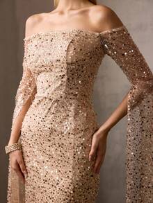 MOTF Soiréza Đầm maxi nữ thanh lịch, ôm sát, hở vai, tay dài, đính sequin lấp lánh, xẻ cao, dáng đuôi cá – lý tưởng cho các sự kiện trang trọng, dạ hội, tiệc tùng và bữa tối. - Rượu sâm banh - Xem 2