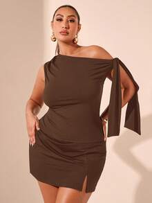 SHEIN BAE 大码女式黑色不对称肩部衬衫，适合通勤、约会、下午茶、情人节、夏季、生日等场合，性感大码上衣，凸显曲线，适合正式场合、派对等，飘逸宽松。 - 棕色 - 查看 5