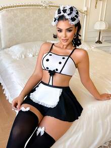 Fantasy Costume Fantasy Costume 女士内衣四件套（无钢圈文胸、丁字裤、两双丝袜） - 黑與白 - 查看 5