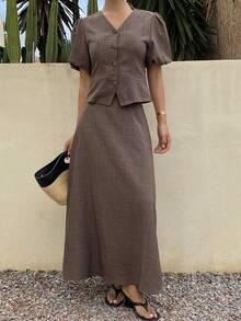 DAZY Set casual da 2 pezzi da donna, composto da blusa a scollo a V e gonna, in colore unito, adatto per la primavera e l'estate - Caffè Marrone - Visualizzare 3