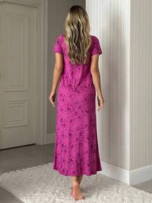 EURMUSE 女士棉质花卉图案撞色蕾丝长款家居休闲连衣裙 - 紫色 - 查看 2