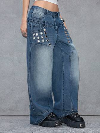 J-Fashion Jeans da donna a vita bassa con vita larga, stile punk vintage lavato, stile di strada allentato con occhielli