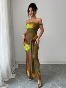 Vestido elegante de playa para mujer, vestido de malla con estampado de teñido anudado y ajustado de hombros descubiertos, para verano - Verde Oliva - Ver 4