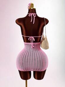 Amplova Áo tắm dệt kim hình trái tim có mũ trùm đầu dành cho nữ, áo hai dây màu hồng trong suốt kết hợp với áo choàng bikini cho kỳ nghỉ ở bãi biển - Hồng - Xem 2