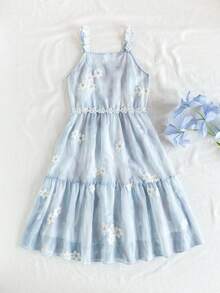 SHEIN Vintaside Kids 少女亮黄色纹理花卉吊带装饰夏季度假连衣裙 - 藍色 - 查看 3