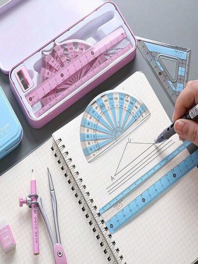 1 Set 8 Teile, Geometrie Mathematik Zeichenwerkzeug Set, beinhaltet 4 Stücke Lineal, Kreisschablone, Bleistift, Radiergummi, Bleistiftspitzer, perfektes Schreibwaren Set für Schulen, Studenten, Geschenke für Kinder