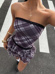 StreetHx Women's Y2K Contrast Lace Plaid Ruffle Hem Fashionable Bandeau Dress - Multicolor - View 4