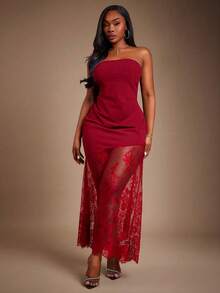 Radiana Plus Size Women's Red Asymmetric Patchwork Sheer Lace Hem Waist Cinched Dress, Suitable For Valentine's Day, Party Strapless Red Dress - Red - View 4