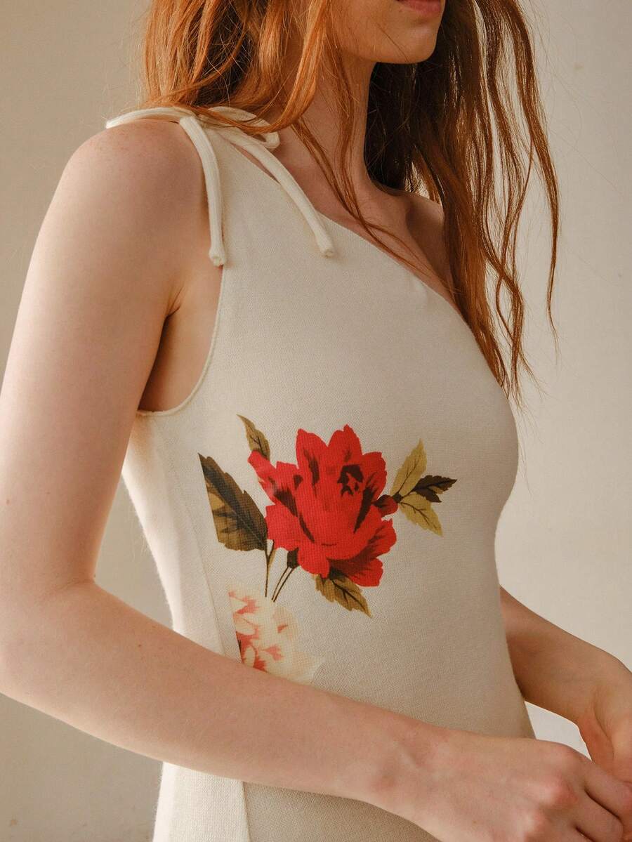 MOTF PREMIUM ELEGANT FLORAL PRINT ONE SHOULDER DRESS - Beige - View 2