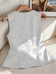 Franclia 大码女士休闲复古优雅通勤商务V领提花编织无袖常规背心 - 白色 - 查看 2