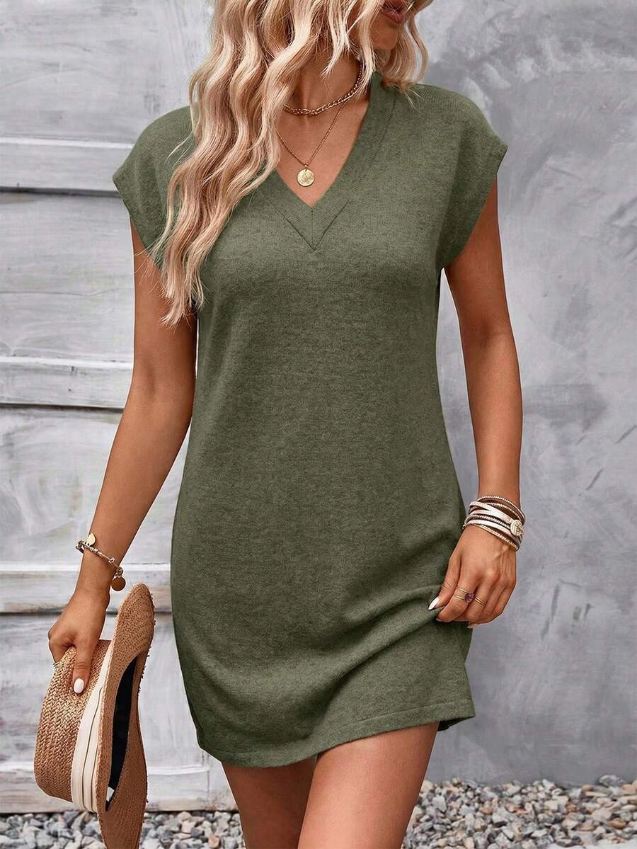EMERY ROSE Solid Color V-Neck Casual Versatile Summer Short Sleeve Dress - Multicolor - View 1