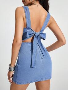 Jeanoix 女士露背打结设计休闲日常牛仔连衣裙 - 藍色 - 查看 3