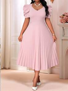SHEIN CURVE+ Đầm thanh lịch màu trơn cổ tim tay phồng gấu xếp ly dành cho nữ cỡ lớn, thích hợp cho ngày Valentine. - Hồng - Xem 5