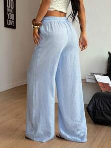 Coolane Women's Casual Striped Print Drawstring Waist Loose Wide Leg Pants, Suitable For Vacation, Daily Commute - Blue - View 7