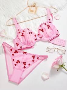 LUVLETTE Valentine's Day Pink Rose Embroidered Elegance Lingerie Breathable Balconette Sexy Unlined Floral Lace Sheer  Pink Mesh Bra Romantic Gifts Bra - Pink - View 8