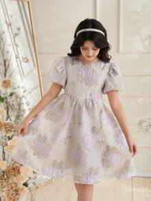SHEIN 女童紫色欧根纱提花连衣裙，后背饰有蝴蝶结