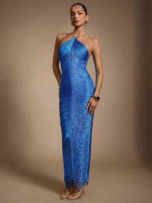 Hauture 女士流苏吊坠性感派对连衣裙，饰有金色金属装饰 - 藍色 - 查看 4