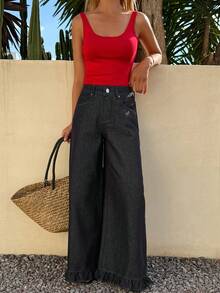 DAZY 女士常规腰围花卉蕾丝边直筒休闲牛仔裤 - 深色水洗藍 - 查看 4