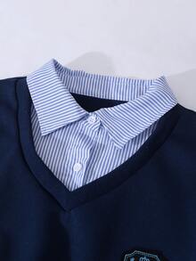 Sparklyn Bộ 2 món cho bé gái tuổi teen, gồm áo croptop dài tay dáng rộng và quần ống thẳng, thích hợp mặc hàng ngày vào mùa xuân, thu và đông, có thêu và đính họa tiết. - Màu xanh hải quân - Xem 3