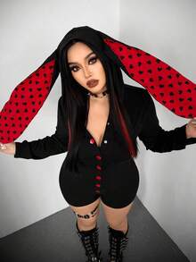 Whyspr 情人节爱心印花性感时尚暗黑可爱红黑格子兔耳朵撞色弹力针织连体衣 - 彩色 - 查看 1