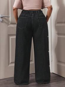 Slaydiva Quần jeans nữ cỡ lớn cạp cao có túi, đính đá, ống rộng, dáng suông, phong cách thường ngày. - màu đen - Xem 2