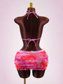 Swim SXY 女士印花三件套比基尼，荷叶边装饰，优雅性感，适合海滩派对和假期穿着 - 彩色 - 查看 5