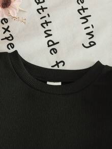 SHEIN LMoss Kids 两件套女童针织纯色圆领休闲T恤和梭织碎花休闲裤套装 - 杏色 - 查看 6