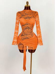 Amplova Women's Lace Mini Bodycon Dress,Long Sleeve Sheer Drawstring Hem Ruched Boho Dress For Party Events,Burnt Orange,Autumn,Techno,Club Night,Rave - Orange - View 3