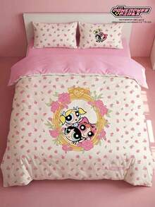 THE POWERPUFF GIRLS X Joivida 3件套粉色玫瑰卡通图案床上用品套装，乡村风格，适用于单人床/双人床/大床/特大床，宿舍/家居礼品之选 - 粉色 - 查看 2