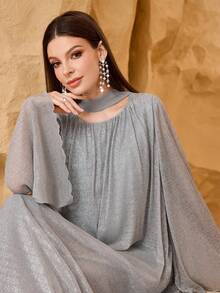 Al Najma 女士亮面宽松宴会礼服，优雅长款垂坠效果连衣裙 - 灰色 - 查看 1