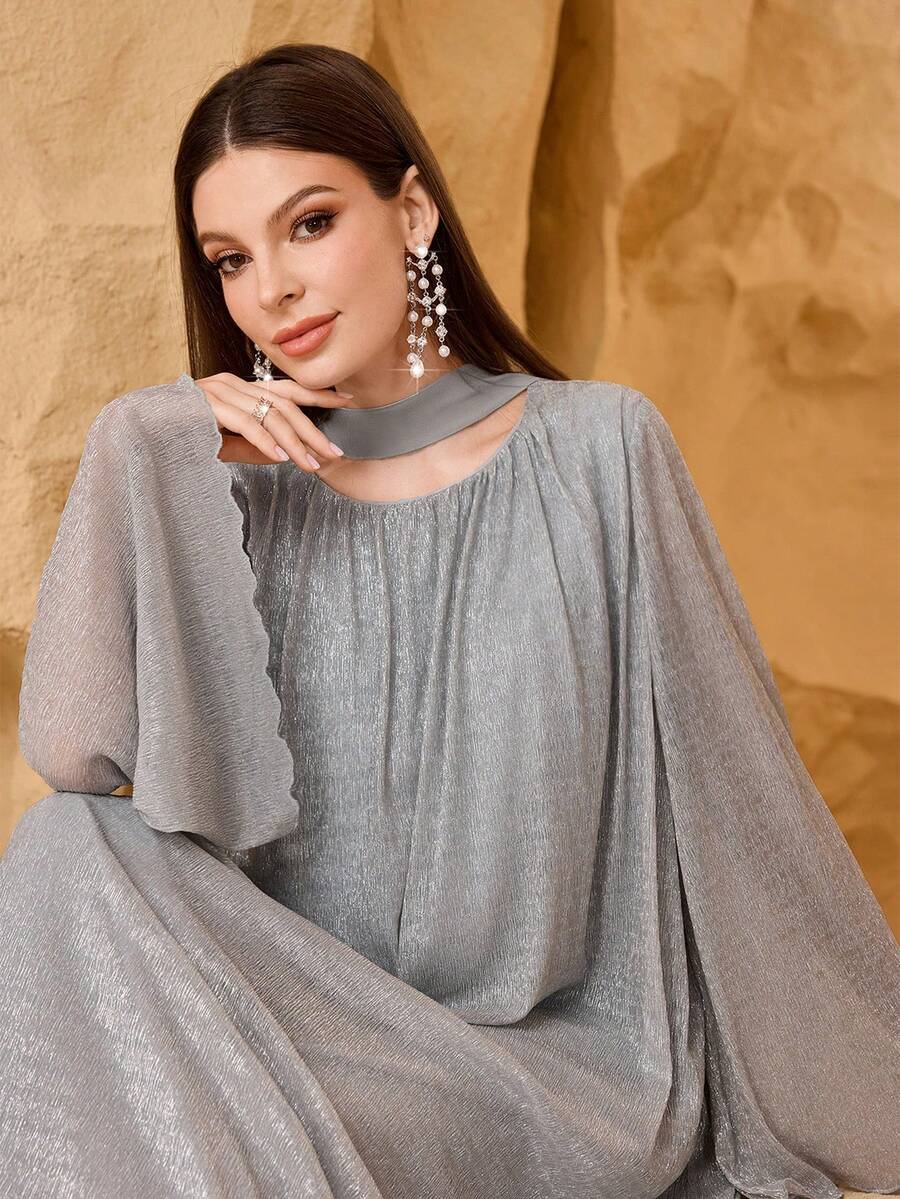 Al Najma 女士亮面宽松宴会礼服，优雅长款垂坠效果连衣裙 - 灰色 - 查看 1