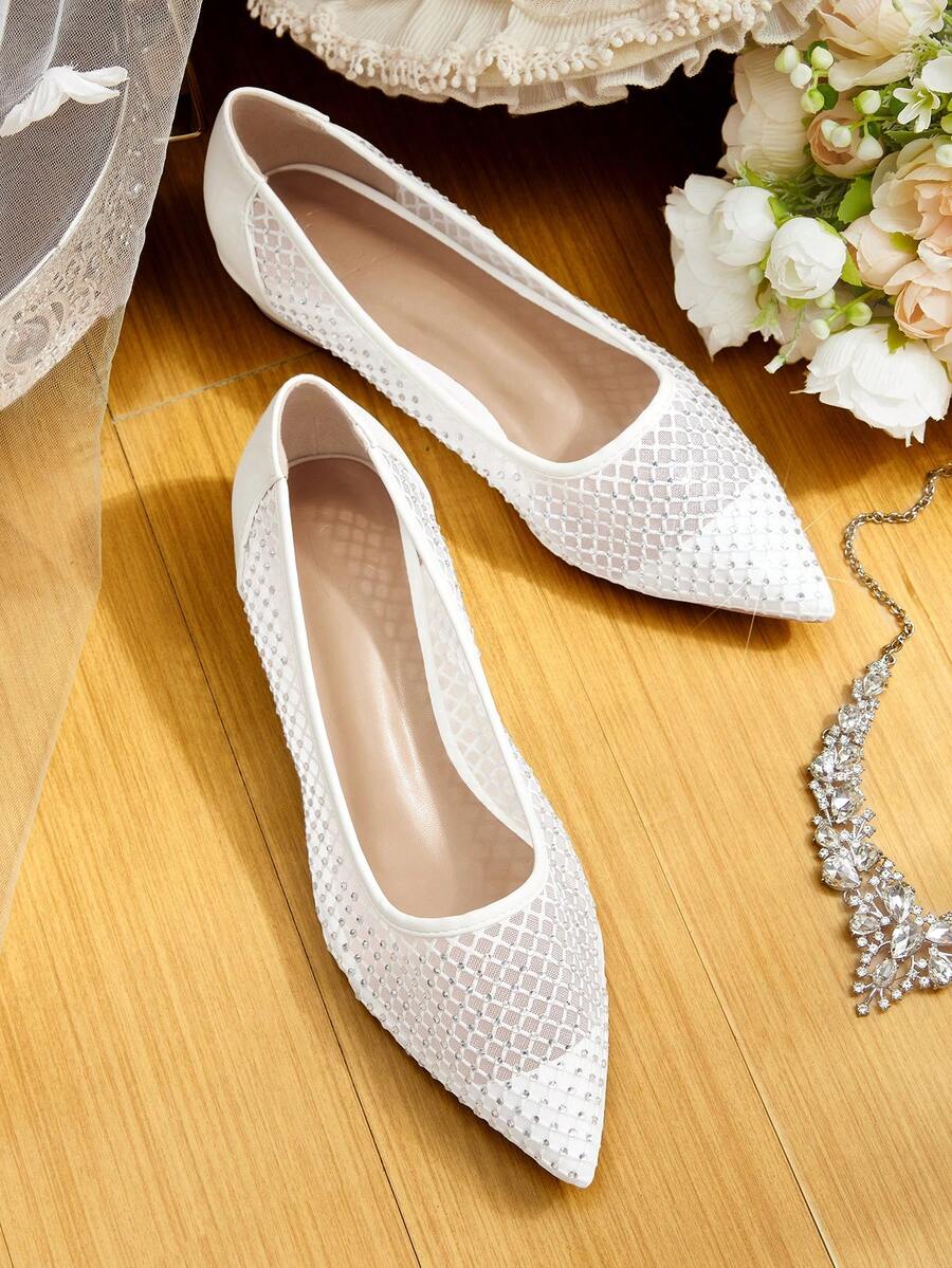 CUCCOO HITCHD Women's Pointed Toe Rhinestone Decor Flat Shoes Valentine's Day - White - View 1