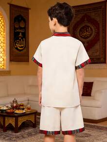 SHEIN Bộ 2 quần ống đứng và áo sơ mi tay ngắn cổ vuông thoải mái thường ngày cho bé trai/thiếu niên - Nhiều màu - Xem 2