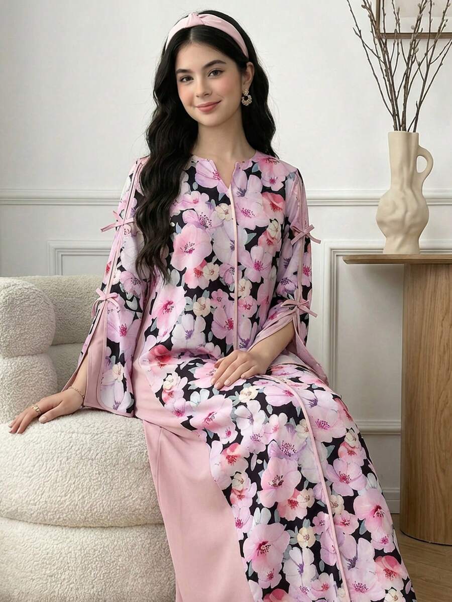 SHEIN 少女纯色拼接印花V领直筒长款连衣裙/睡袍,舒适休闲,适合春秋季日常穿着,阿拉伯长袍,端庄得体。 - 粉色 - 查看 1