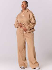 MUSERA Plus Straight Leg Patch Logo Tracksuit Bottom Joggers   Casual Everyday Basics Cosy Spring - Khaki - View 3