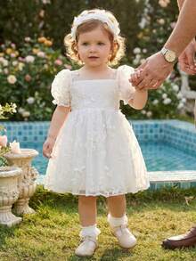 SHEIN Đầm lưới trắng kiểu công chúa đa năng cho bé gái, mềm mại và thoải mái, thích hợp mặc ở nhà, đi chơi và dự tiệc, mùa hè. - trắng - Xem 11