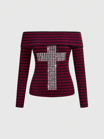Grunge Punk T-shirt ajusté à manches longues, épaules dénudées, rayé, avec rivets et croix, style punk sexy Y2K pour femmes