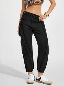 Jeanoix 女士带口袋纽扣休闲工装牛仔裤，通勤和日常穿着皆宜 - 黑色 - 查看 3