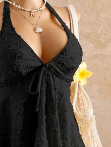 Bellisia Women's Relaxed Vacation Polka Dot Textured Fabric Camisole Bikini Top - Black - View 6