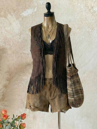 Arcane Artistry Women's Fashionable Vintage Street Style Fringe Detail Vest Jacket