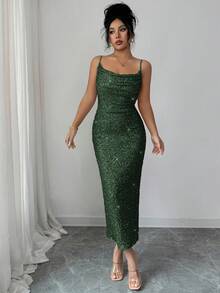 Elenzga 女士亮片吊带露背褶皱领口中长连衣裙，优雅法式复古简约百搭风格，适合冬季、万圣节、圣诞节、感恩节、下午茶会、半正式场合、性感派对、秋冬季穿着。 - 墨綠色 - 查看 8