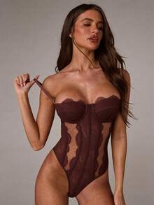 SHEIN BAE Women's Sexy Valentine's Day Color-Blocked Lace Polka Dot Mesh Sexy Bodysuit/Sexy And Elegant Top/Date Night/Corset Top/Clubs, Going Out/ Wedding Party /Holiday Outfits For Women /Lace Top/Evening Top - Maroon - View 1