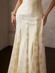 MOTF Soiréza Đầm dự tiệc không dây vai bằng vải jacquard phối nhiều mảnh dành cho nữ, mùa xuân/hè. - Màu vàng - Xem 3