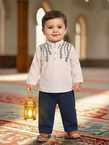 Cozy Pixies 2pcs Baby Boy Floral Print Mandarin Collar Long Sleeve Cardigan Shirt And Elastic Waist Pants Set - Blue and White - View 1