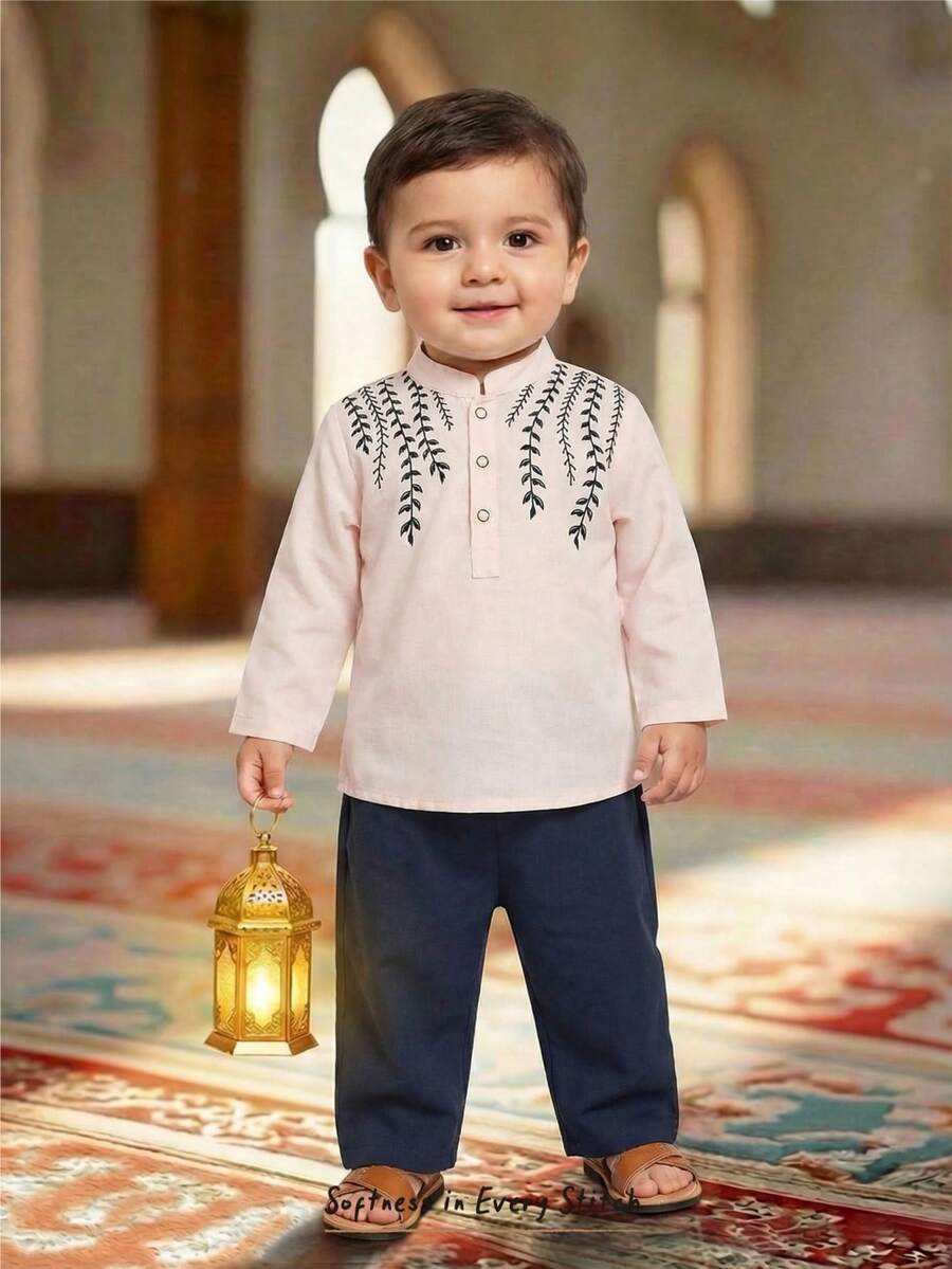 Cozy Pixies 2pcs Baby Boy Floral Print Mandarin Collar Long Sleeve Cardigan Shirt And Elastic Waist Pants Set - Blue and White - View 1