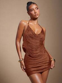 Hauture 女士性感流苏超短迷你裙，适合度假、派对和夏季穿着 - 棕色 - 查看 3