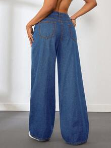 SHEIN Tall Women's Low Waist Straight Leg Blue Jeans - Dark Wash - View 2