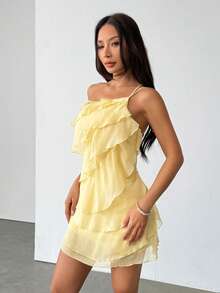 SHEIN PETITE 夏季海滩度假纯色杏色荷叶边迷你连衣裙，适合日常约会、夜间外出、夜店、派对、聚会、鸡尾酒会、泳池派对、返校季服装、校园连衣裙、节日连衣裙、音乐节服装、乡村音乐节服装、演唱会服装、奶油黄、锐舞派对服装、女士夏季连衣裙 - 黃色 - 查看 11