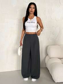 SHEIN PETITE Women's High Waist Pleated Wide Leg Loose Casual Pants, Spring - Grey - View 6