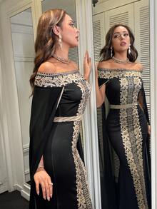 Modelyn Women's Elegant Party Banquet Off Shoulder Lace Patchwork Fitted Cloak Dress - Black - View 7